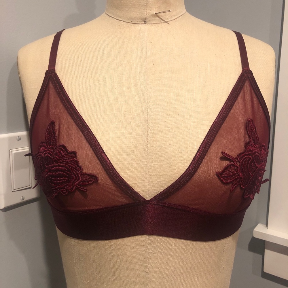 Out From Under Raspberry Embroidered Flower Mesh Triangle Bralette-Medium